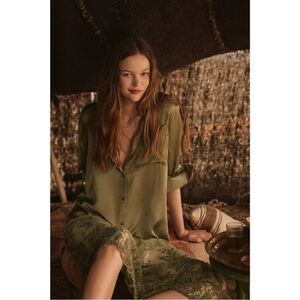 Anthropologie | Lace Mix Twofer Satin Maxi Holiday Dress in Olive 🫒 Large